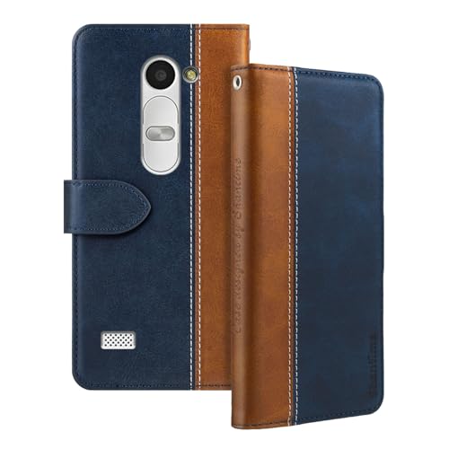 Shantime Leather Flip Case Compatible with LG Leon LTE Case with Card Holder RFID Blocking Magnetic Kickstand Slim Fit Business Protective Cover(Blue)
