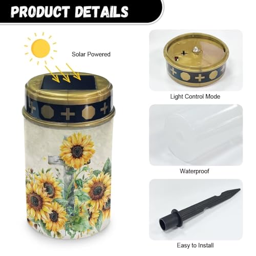 Image of Sunflower and Cross Light for Prayer Cemetery Solar Lights for Grave Cemetery Decor Candle Lamp Waterproof Solar Power Light Eternal Lights for Graves Cemetery Memorial Gift 2 Pcs