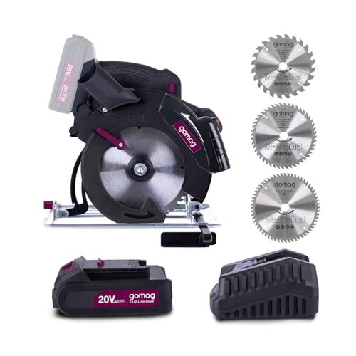 Gomag Akku-Handkreissäge GO-HKS165 Set S 20V | Ø 165 mm | Drehzahl 4500 U/Min | Schnitttiefe 54 mm | Softstart | LED & Laser | inkl. 2Ah Akku & 2,4A Ladegerät, sowie 3 zusätzliche Sägeblätter