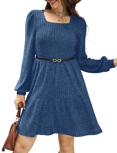 Image of Sampeel Womens Square Neck Long Sleeve Fall Dresses Casual Babydoll Sweater Dress