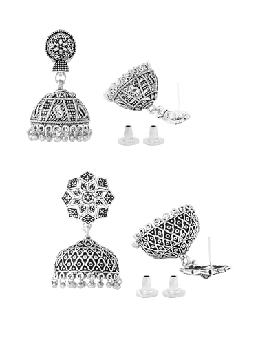Image of Yellow Chimes Earrings for Women and Girls Traditional Silver Oxidised Jhumka German Silver Earring Set Dome Shaped Dangler Jhumki Earrings Combo | Birthday Gift For Girls and Women