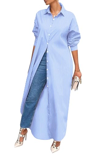 Image of Choichic Button Down Shirts for Women Cotton Casual Collared Striped Shirt Long Sleeve Maxi Dress