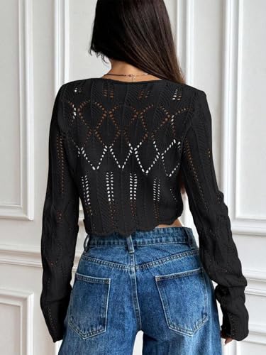 Image of Women's Tie Front Lightweight Cardigan Long Sleeve Crochet Hollow Out Knit Boho Cardigan