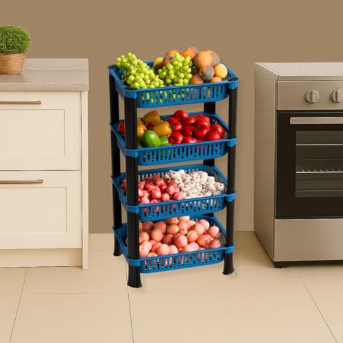 Image of Plastic Kitchen Rack, Multipurpose Vegetable & Fruit Storage Basket Organizer for Home, Pantry & Kitchen - Strong & Easy to Assemble (4 Layer, Blue)