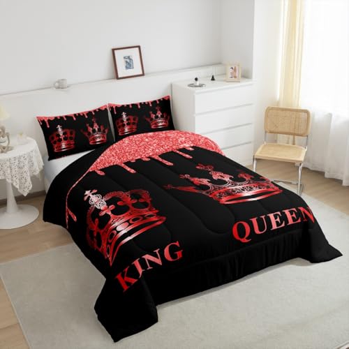 Image of Feelyou Couple Crown King & Queen Comforter Set Twin Size, Boys Girls His and Hers Bedding Set Anniversary Comforter Presents Duvet Set Couple Bed Set 2Pcs
