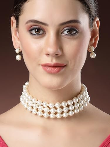 Image of Karatcart Pearl Multilayer Beaded Choker Necklace Set for Women