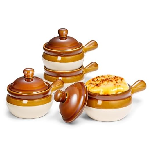 French Onion Soup Crocks with Lids, by Kook, Ceramic Bowls, Large Handles, Dishwasher, Microwave, Oven & Broil Safe, Brown/White, Set of 4, 15 oz, Puebla Collection