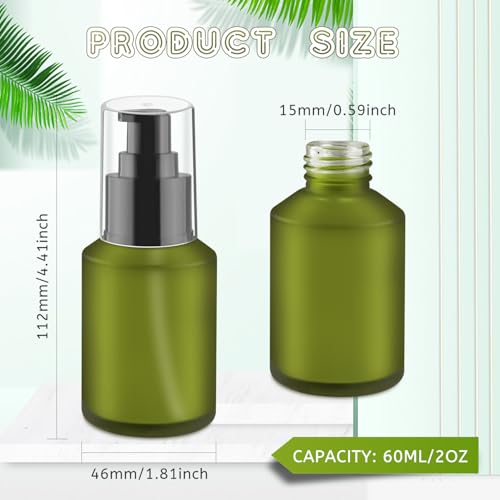 4 Pcs 60ml/2oz Green Frosted Glass Bottles Refillable Pump Dispenser Jar Empty Lotion Vials with Pump for Travel Body Wash Liquid Foundation Cosmetic Samples2