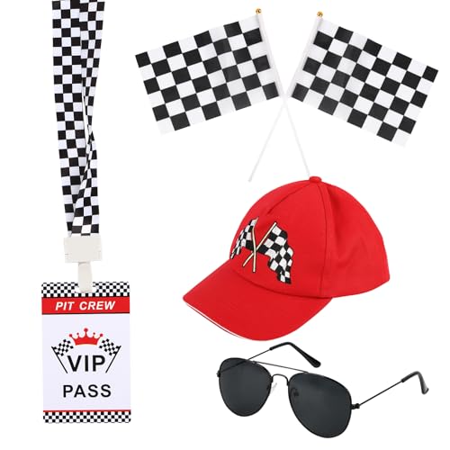 WAYASDCU Kids Race Car Driver Costume Boys Girls Set Race Car Outfit Accessories Hats Eyeglasses Flags Racing VIP Pass Cards for Career Day Party