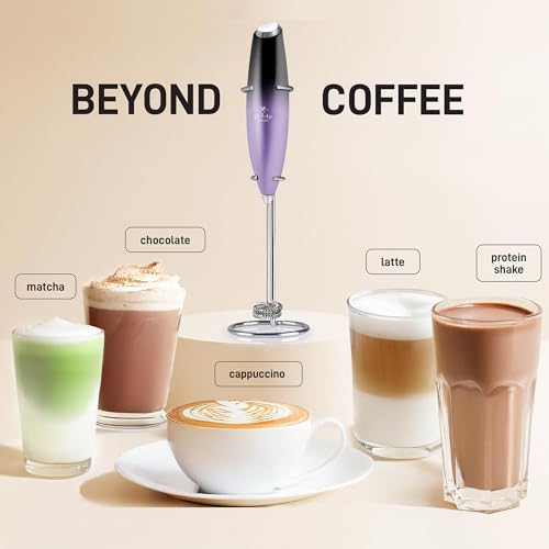 Image of Zulay Kitchen Powerful Milk Frother Wand With Duracell Batteries - Ultra Fast Handheld Drink Mixer - Electric Whisk Foam Maker for Coffee, Lattes, Cappuccino & Matcha - Double Whisk - Black Purple