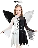 Bordazor Angel Costumes Set for Girls Angel Dress with Feather Wings and Headband for Halloween Dress up Cosplay (7-9 Years)
