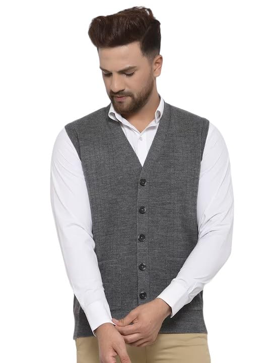 Men's Acrylic V-Neck Sleeveless Buttoned Cardigan Sweater – Plain Solid Knit with Front Pockets