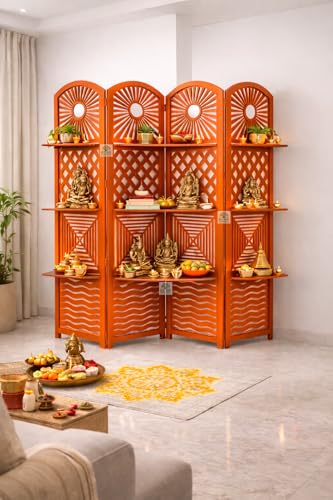 Image of Wooden Room Divider 6 Feet, 4-Panel Folding Wooden Partition for Living Room, Office, Pooja Room, Restaurant, Kitchen & Balcony (2W x 1.82H Meters). (Orange)