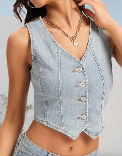 Womens Denim Vest Sleeveless V-Neck Button Down Blue Jean Vest Top For Women Country Concert Tops2