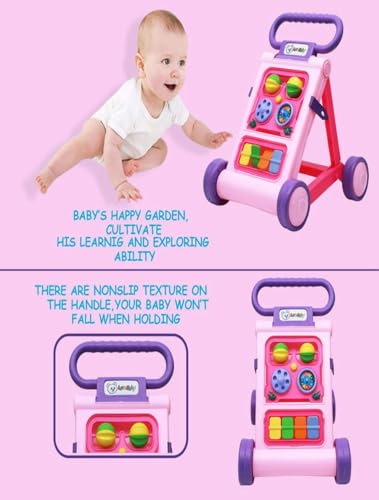 Image of JoyRide Musical Folding Baby Activity Push Walker with Flipping Doors, Turning Gears, and Spinning Panels 4 Colors, Non-Toxic Plastic, Boys Girls 9-18 Months (Pink)
