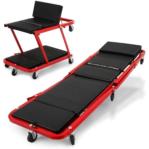 Magshion 48 Inch Folding Creeper and Rolling Seat 2 in 1 Garage Shop Creeper Roller Seat with 330 lbs Capacity, 360° Swivel Casters for Home Garage Workshop (Red) Cover