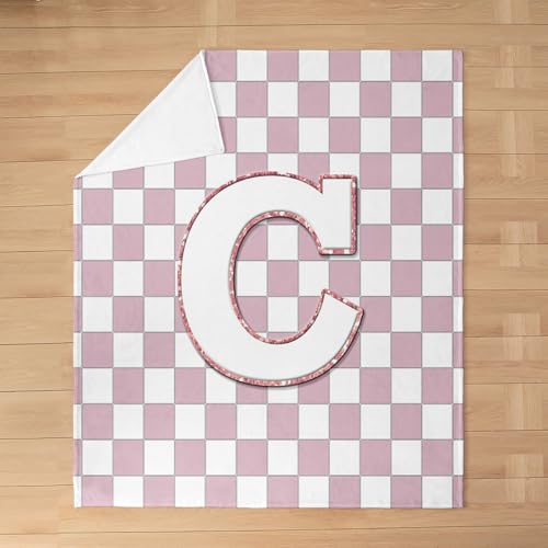 Image of Erosebridal Pink Initial C Fuzzy Plush Throw Kawaii Plaid Checkered Fleece Blanket Cute Personalized Monogram Flannel Blanket for Kids Girls,Fashion Grids Gingham Decor for Bed Couch Twin 60 inchx80 inch