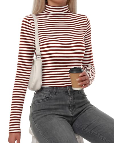 BTFBM Long Sleeve Shirts for Women Turtleneck Striped Shirt,S,Brown - image 8