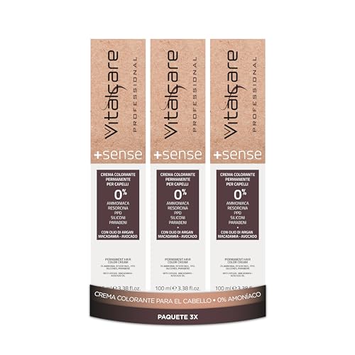 Vitalcare | +Sense, Coloración Permanente Profesional, Coloración en Crema, Sin Amoniaco, Resorcina, Siliconas, Con Aceite de Argán, Macadamia y Aguacate, Rubio Cobrizo 7/4, 3 uds x 100ml