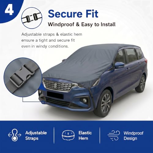 Image of Pivalo Half Car Body Cover for MUV Cars (All Models & Years) | 100% Waterproof Outdoor UV & Heat All Weather Protection | Triple Stitched 3 Layer with Adjustable Straps Cover (Grey)