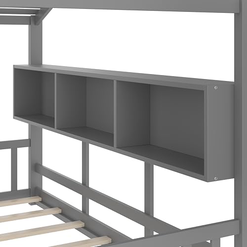 Image of Full Size Floor House Bed with Roof and Window for Kids, Wooden Playhouse Bed with Storage Shelves for Bedroom Furniture Girls & Boys (Gray /L1, Full)