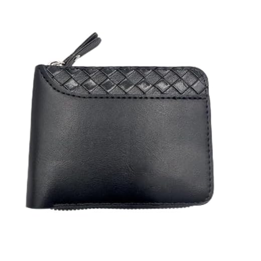 Carteira masculina com zíper de couro dobrável fina com bloqueio de RFID, zíper ao redor do porta-cartão de crédito, carteira pequena e compacta, Preto, Dobrável