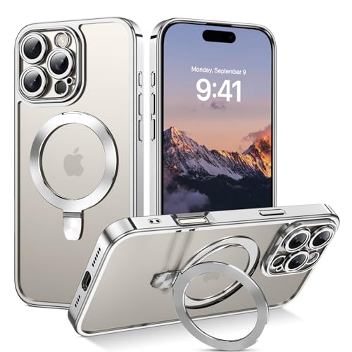 BENTOBEN Funda Magnética para iPhone 16 Pro MAX[Compatible con MagSafe] Carga Inalámbrica con Anillo Soporte Invisible Carcasa Protectora Completa de Cámara Case Translúcido Enchapado Mate -Plata