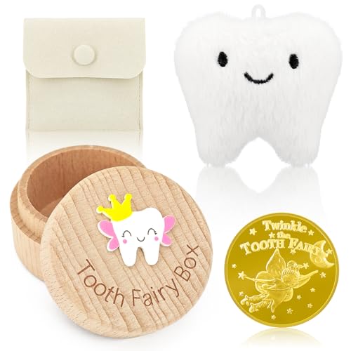 Oiiyee Tooth Fairy Tooth Holder Kit for Kids - Tooth Fairy Box Coins Plush Charm & Pouch Tooth Fairy Gifts for Lost Baby Teeth(Girls)