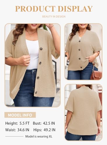 Image of Eytino Womens Plus Size Tops Casual V Neck Short Sleeve Waffle Knit Button Down Shirts(1X-5X)