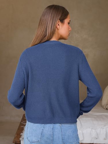 EXLURA Women's 2025 Knit Cardigan Sweaters Early Fall Fashion Long Sleeve Open Front Button Down Trendy Casual Cropped Jacket Navy — view 5