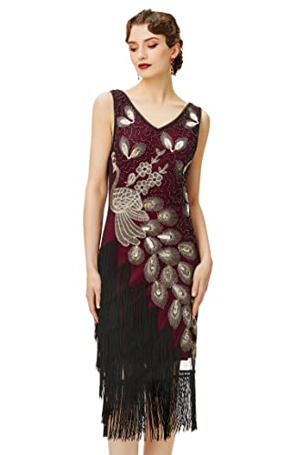 BABEYOND 1920s Vintage Peacock Sequined Dress Gatsby Fringed Flapper Dress Roaring 20s Party Dress