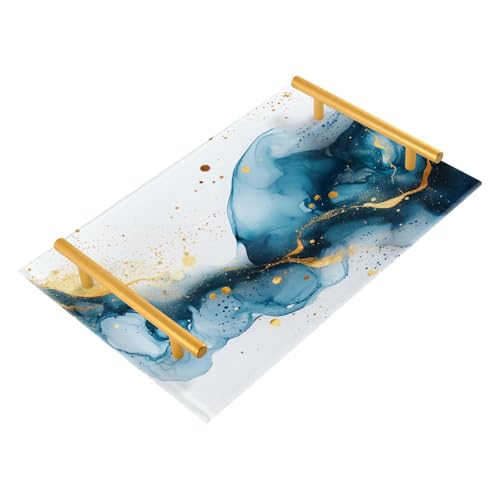 GUIJI Emerald Marble 3 Acrylic Tray, Perfume Cosmetic Jewelry Decorative Trays Bathtub Organizer, Living Room Kitchen Serving Tray with Gold Handles