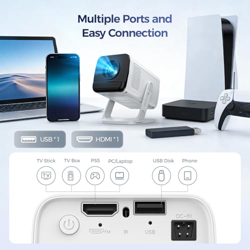 Image of Mini Portable Projector with 4K Support, Bluetooth 5.4 WIFI6, Android 14 Smart Projector 200 ANSI, Android 11, 180 Rotation , Auto Keystone Correction Video Projector