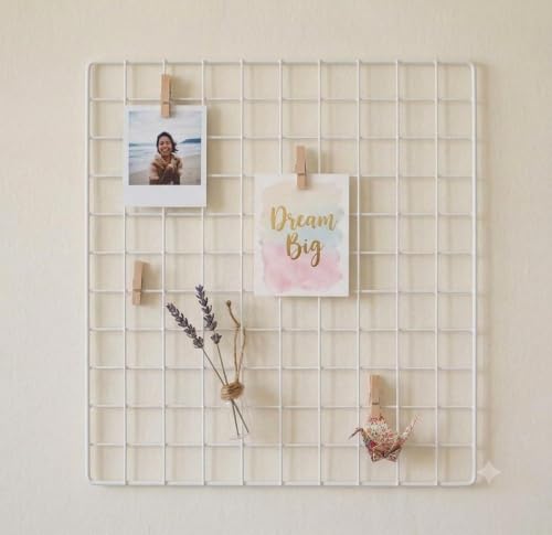 Image of Metal Wire Grid Photo Display Frame for Wall | 30 x 30 CM White Iron Mesh Memo Board | Wall Mounted Picture Organizer for Photos, Notes, Postcards, Artwork, Bedroom, Office & Home Decor