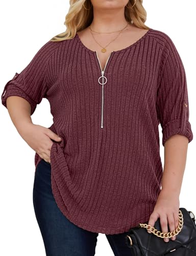 Image of Zamowoty Plus Size Tops for Women 3 /4 Roll Sleeve Shirts V Neck Zipper Solid Color Lightweight Blouses Tunic Top