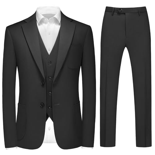 MODFUL Anzug Herren 3 Teilig Slim Fit Business Casual Einreihig Smoking Modern Hochzeitsblazer Weste Hosen (Schwarz, XL)