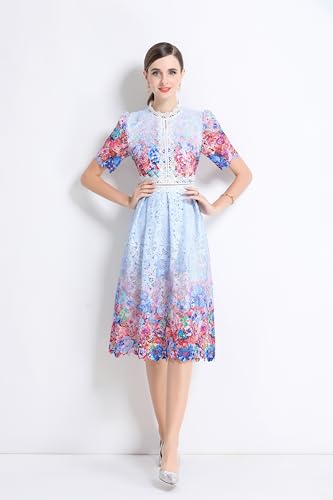 Image of LAI MENG FIVE CATS Women's Lace Floral Short Sleeve Crochet Waist Cocktail Midi Dress