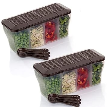 CLARIPLUS 4 section container for storage of vegetables,dryfruits,spices,pickles with spoon and attached rotating lid-pack of 2. (Brown)