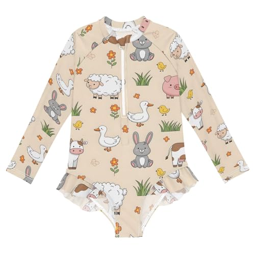 Farm Animals on Pastel Girls Rash Guard Swimsuits Long Sleeve One Pieces Bathing Suit UPF 50+ Zipper Swimwear