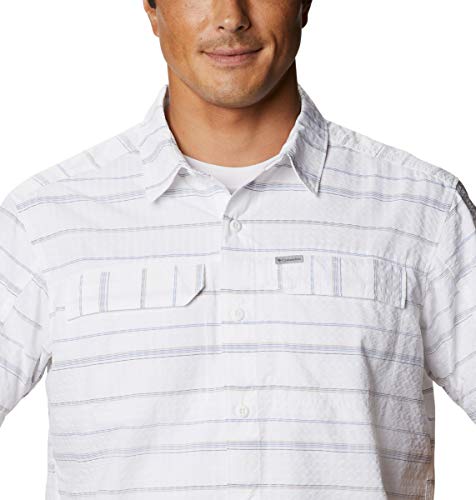 Columbia Men’s Silver Ridge Short Sleeve Seesucker Shirt, Moisture Wicking, Sun Protection, White Stripe, Large #TOP3