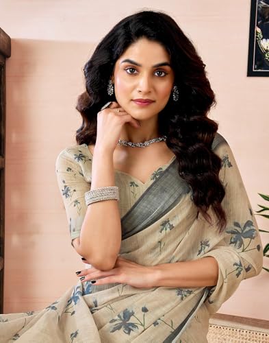Image of SIRIL Women's Printed Cotton Linen One Minute Ready to Wear Saree With Unstitched Blouse Piece