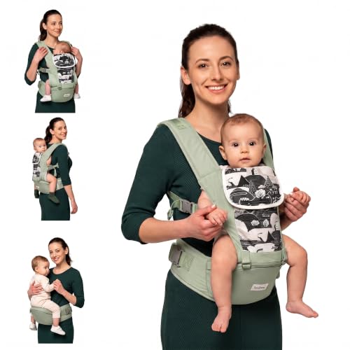 Image of Baybee 6-in-1 Baby Carrier for 0 to 3 Years with Hip Seat, Kangaroo Bag, Lumbar Waist Support, Breathable Mesh, Utility Pocket & Bottle Holder, Weight Up to 15 Kgs (Green)