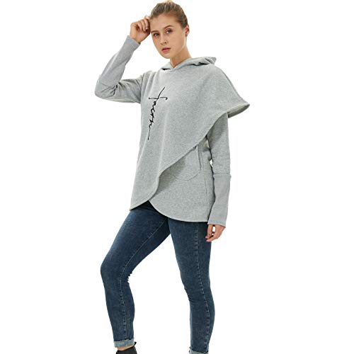 Womens Casual Long Sleeve Faith Letter Printed Hoodie Sweatshirt with Pockets (Gray, S)