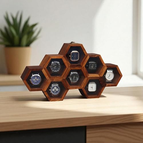 Image of Vintage Wooden Watch Box for Men, Timepiece Display Case, Honeycomb Watch Storage & Organizer, Jewlery Box for Women, Anniversary Gift For Husband (8 Compartments)