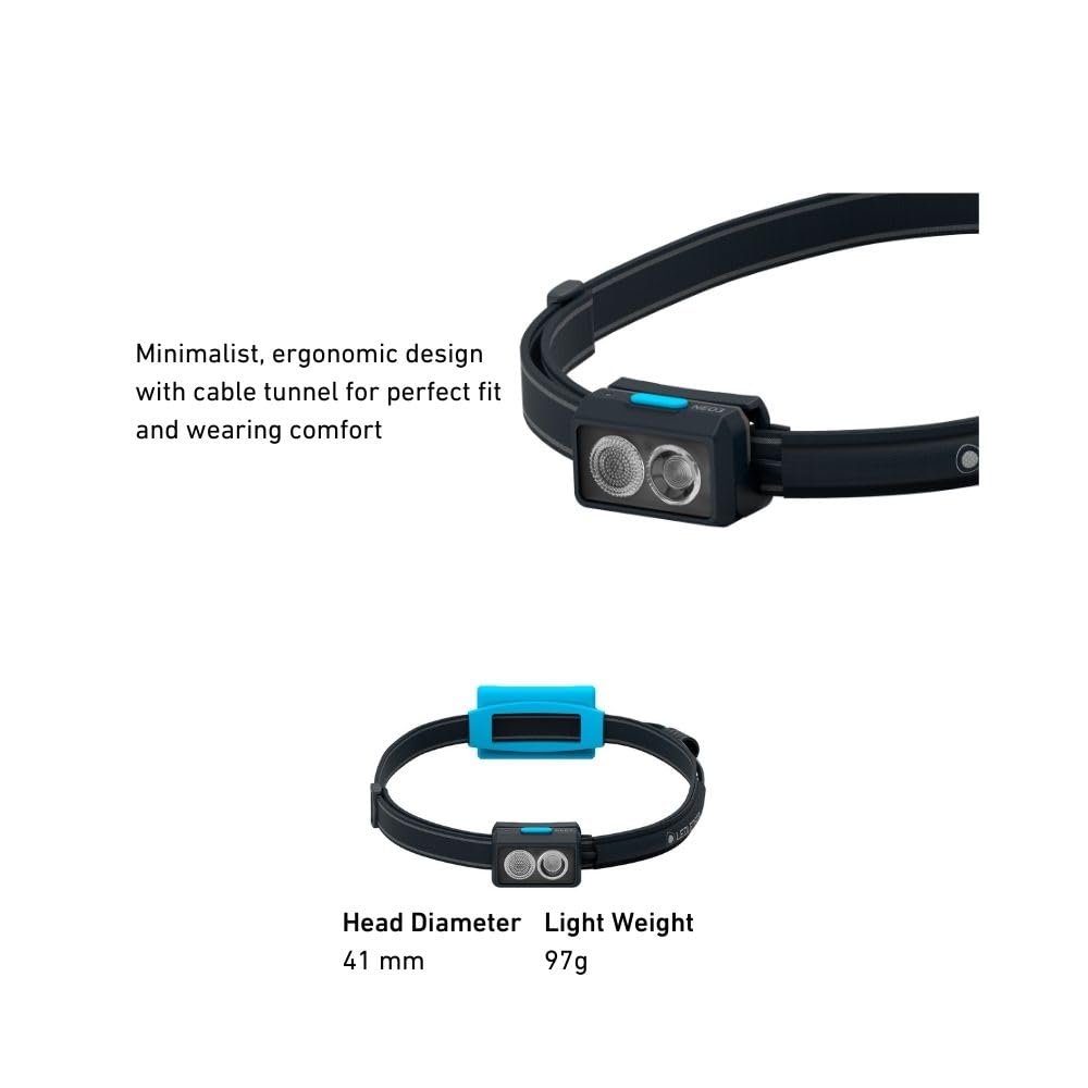Ledlenser NEO3 - Lampe frontale LED à piles, ultra-lumineuse 400 lm, légère, 20h d’autonomie, bandeau réfléchissant, lumière avant rouge - Pour la course à pied, la pêche, la randonnée - Bleu