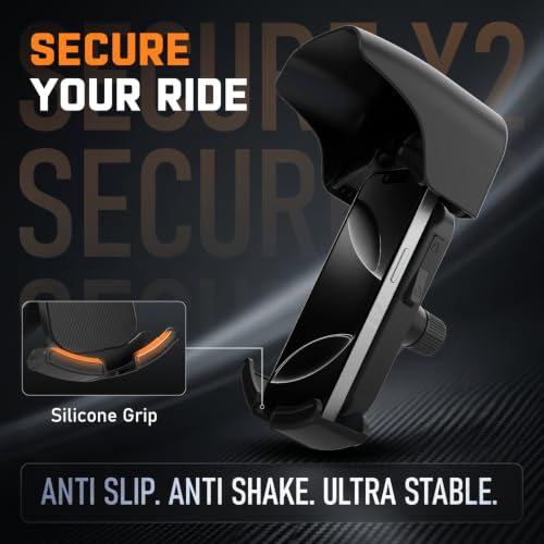 Image of Amkette iGrip Secure X2 Mobile Holder for Bike & Scooty with Mirror Mount, One Press Lock & Unlock, Built in Sunshade, Anti Slip Silicone Grip, 4 Corner Clamping, Compatible with 4.7 inch-7 inch Smartphones