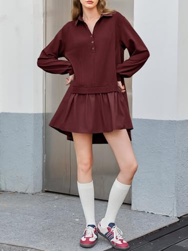 Fisoew Womens Oversized Sweatshirt Dress Long Sleeve V Neck Patchwork Casual Pullover Tops Loose Fit Mini Dresses3