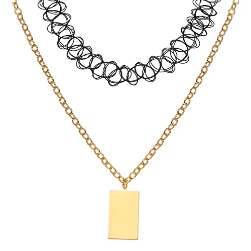 Image of Yellow Chimes Necklace For Women Black Spiraled Choker necklace With Long Gold Tone Chain Rectangular Charm Hanging Necklace For Women and Girls