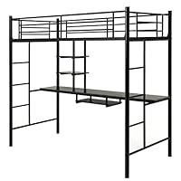 Multigot Bunk Bed with Desk, 2-Side Ladder Single Loft Bed with Open Shelves and Safety Guardrail, Metal Frame High Sleeper for Kids Teenagers Adults (Black)