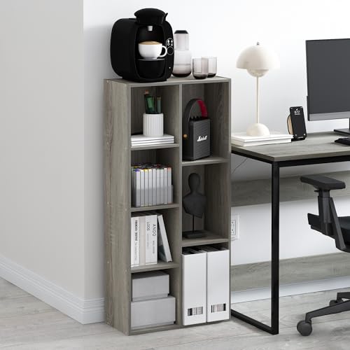 Image of Furinno LUDER Book Shelf, 7-Cube Bookshelf, Bookcase with Open Shelves, 9.4 x 19.5 x 41.7, Easy Assembly, for Living Room, Bedroom, Home Office, French Oak